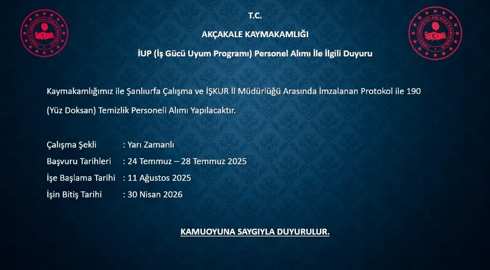 Kamuya Girmek İsteyenlere Müjde: Akçakale Kaymakamlığı 190 Kişi Alacak